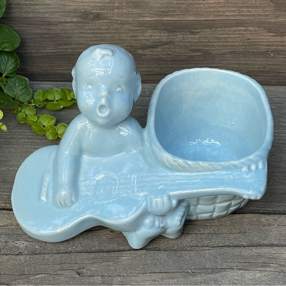 Vintage Blue Ceramic Baby and Guitar Dish or Indoor Planter - Picture 13 of 13